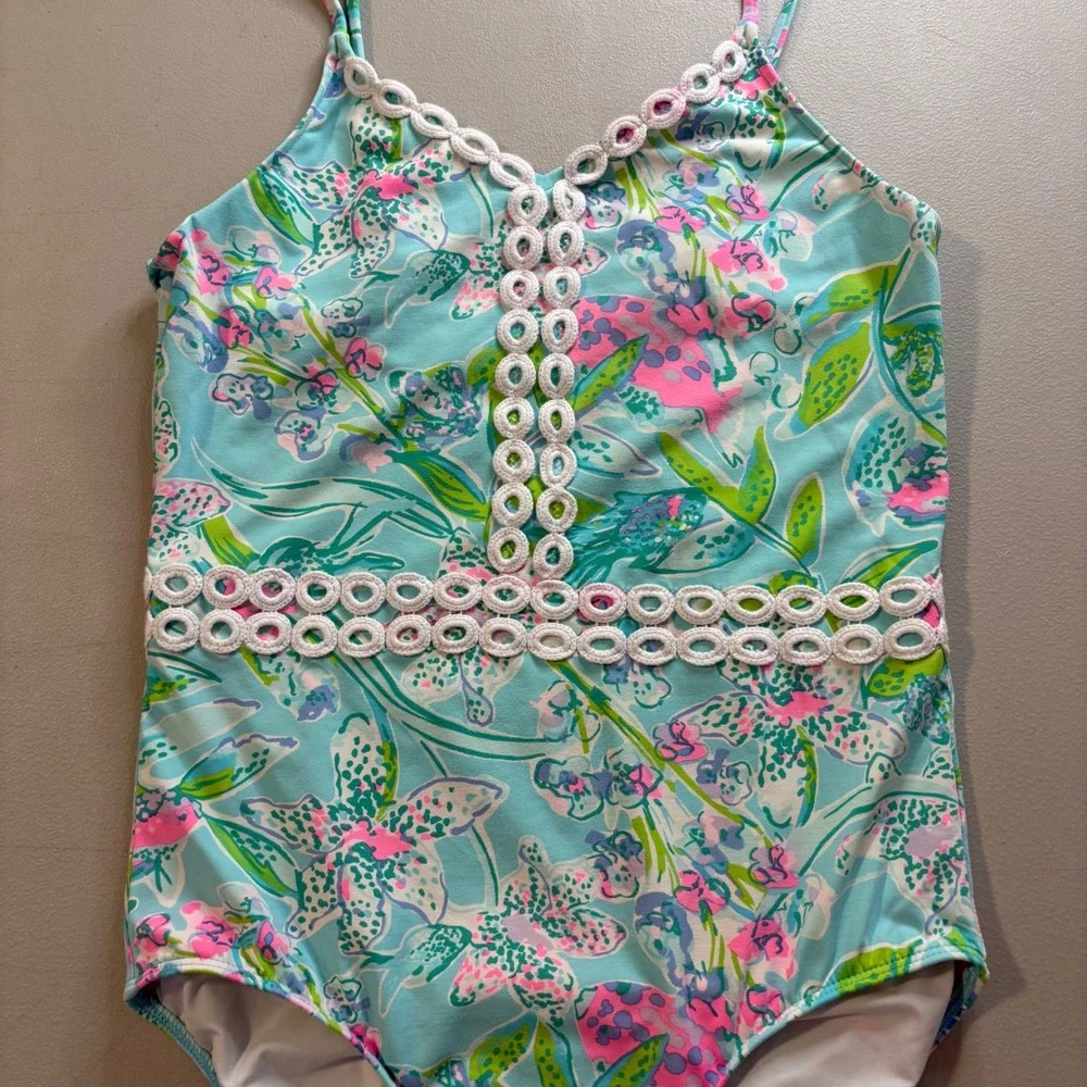 Lilly Pulitzer Girls Blue Floral Fish Print One Piece Swimsuit Eyelet Trim 14